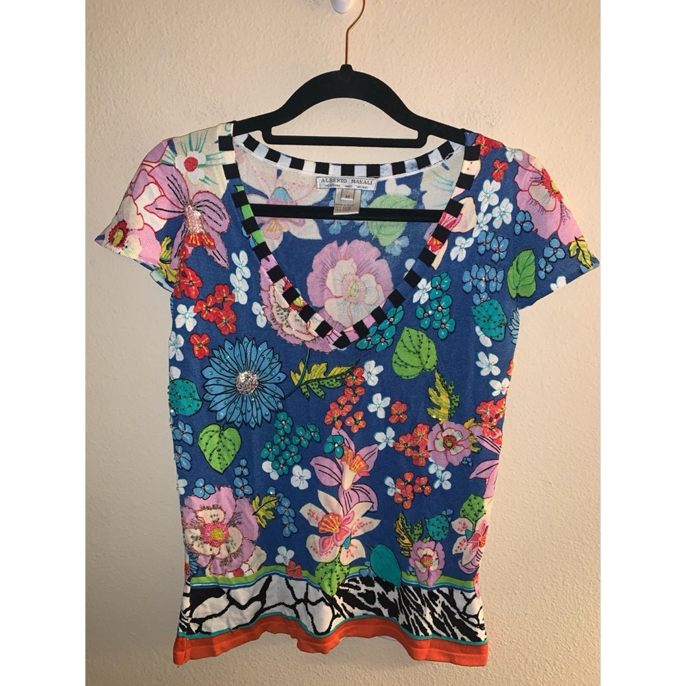 Alberto Makali Beaded Floral T Shirt Women’s Size Medium